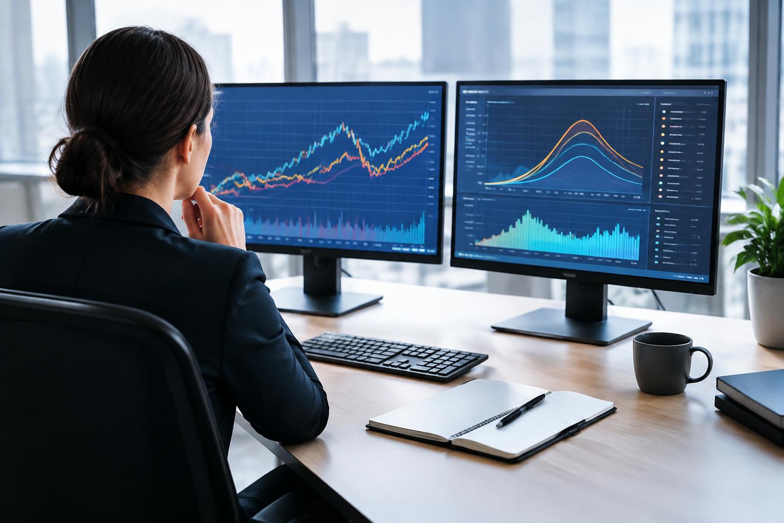 Analyse von Energiemarktpreisen an zwei Bildschirmen
