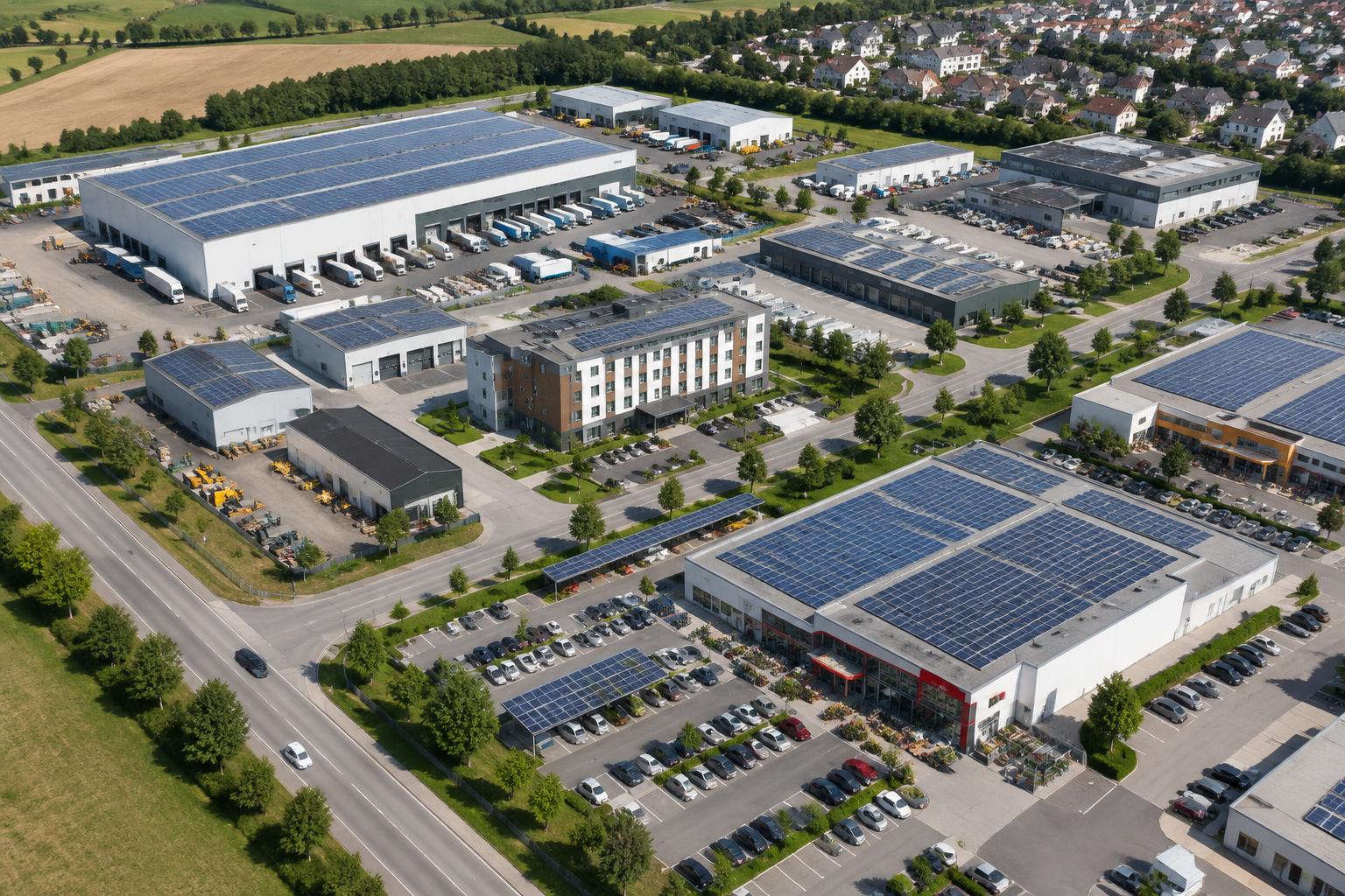 Gewerbegebiet mit Logistikhallen, Hotel und Handel aus der Luft