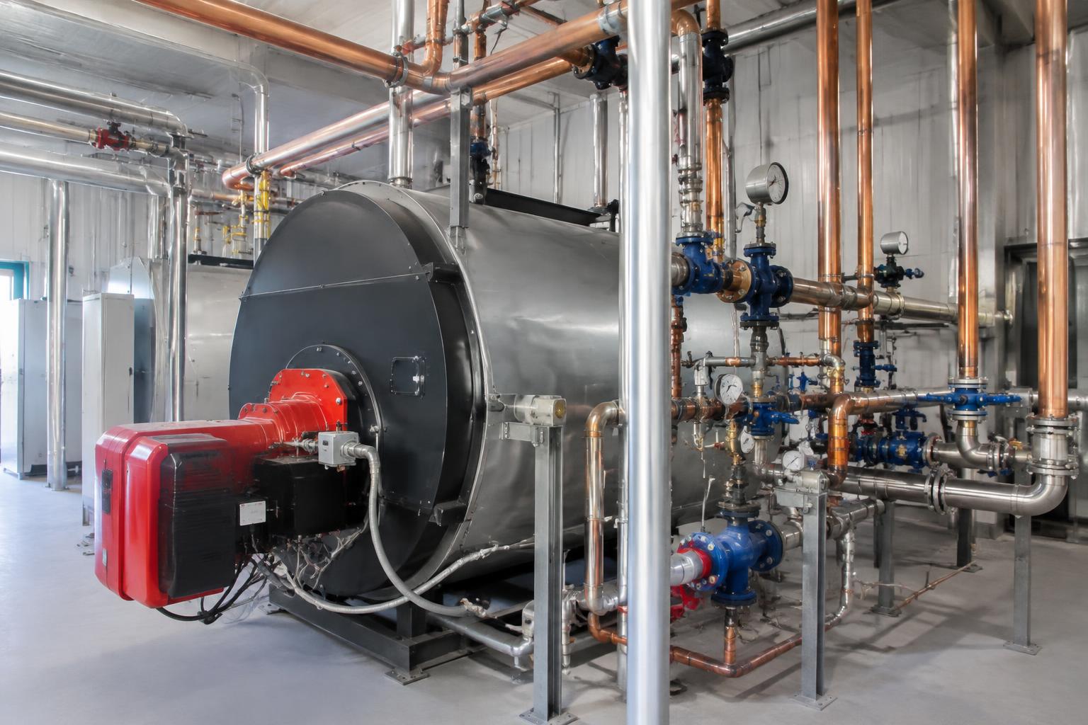 Gasheizkessel mit Rohrleitungen in einem gewerblichen Technikraum