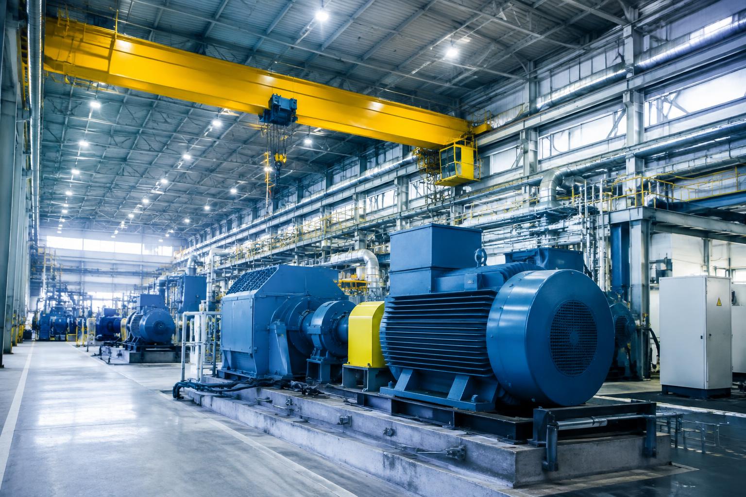 Produktionshalle mit großen Elektromotoren und Hallenkran
