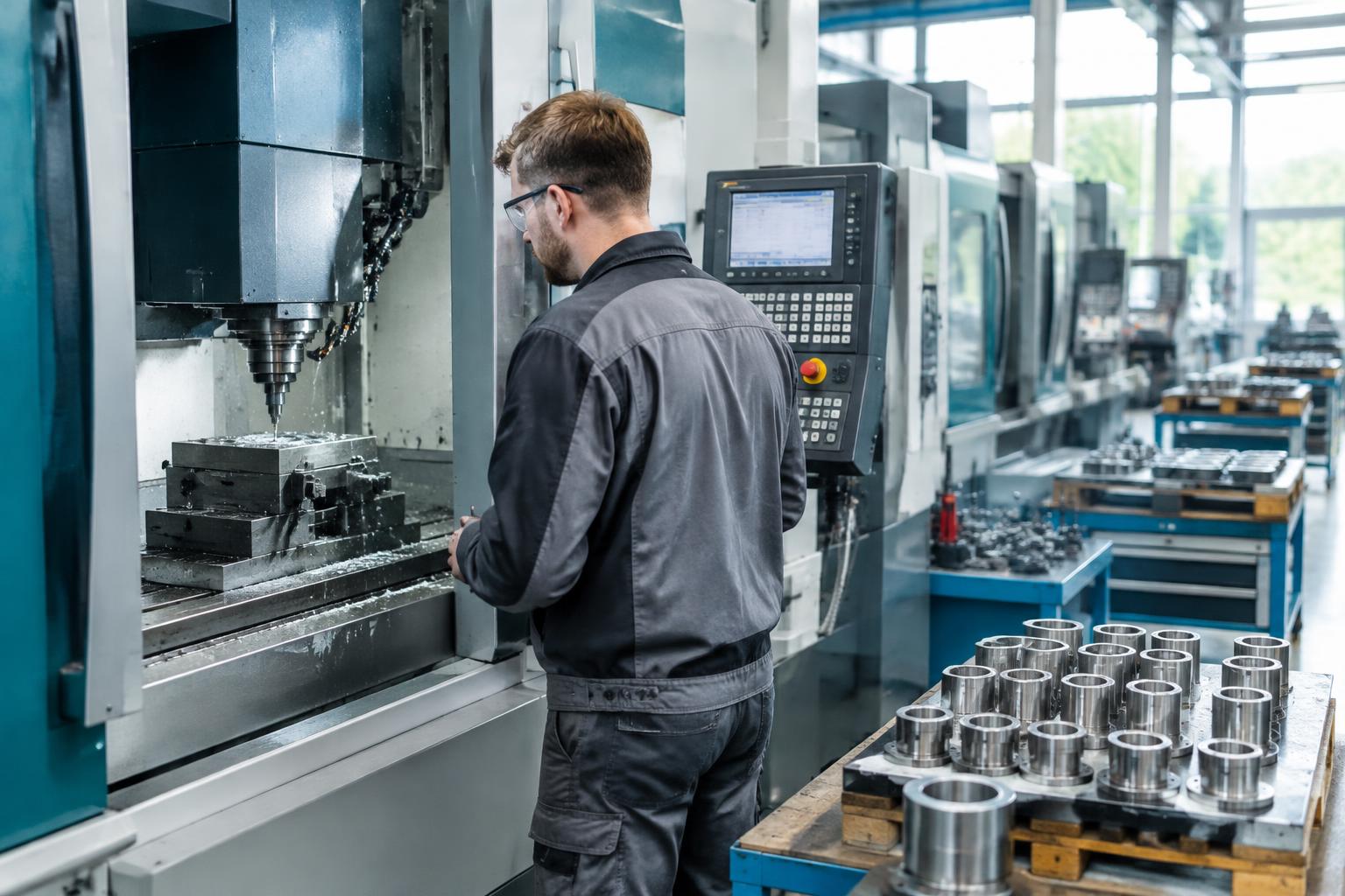 Präzisionsfertigung an einer CNC-Maschine in einer Produktionshalle