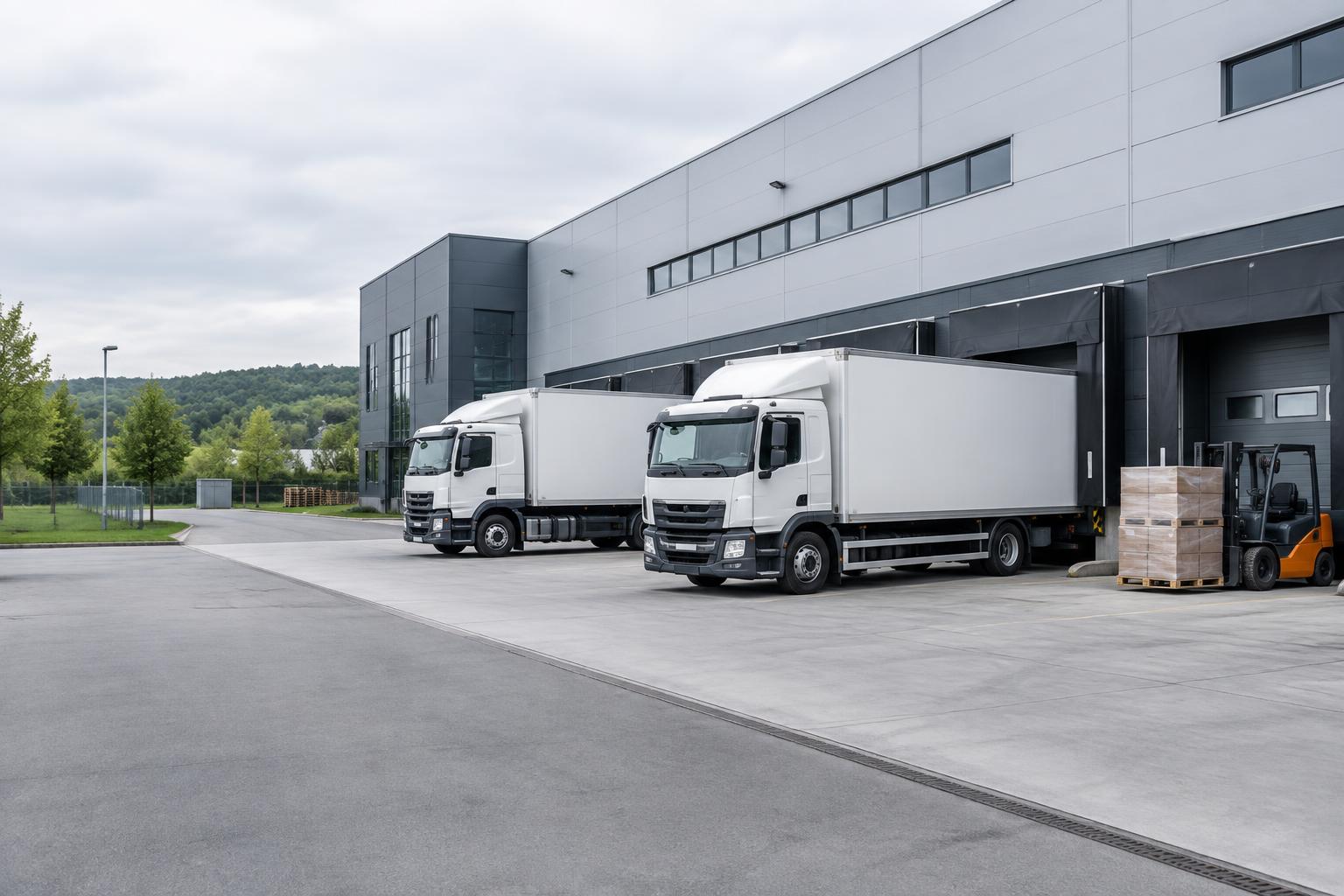 Logistikhalle mit Lastwagen an den Laderampen