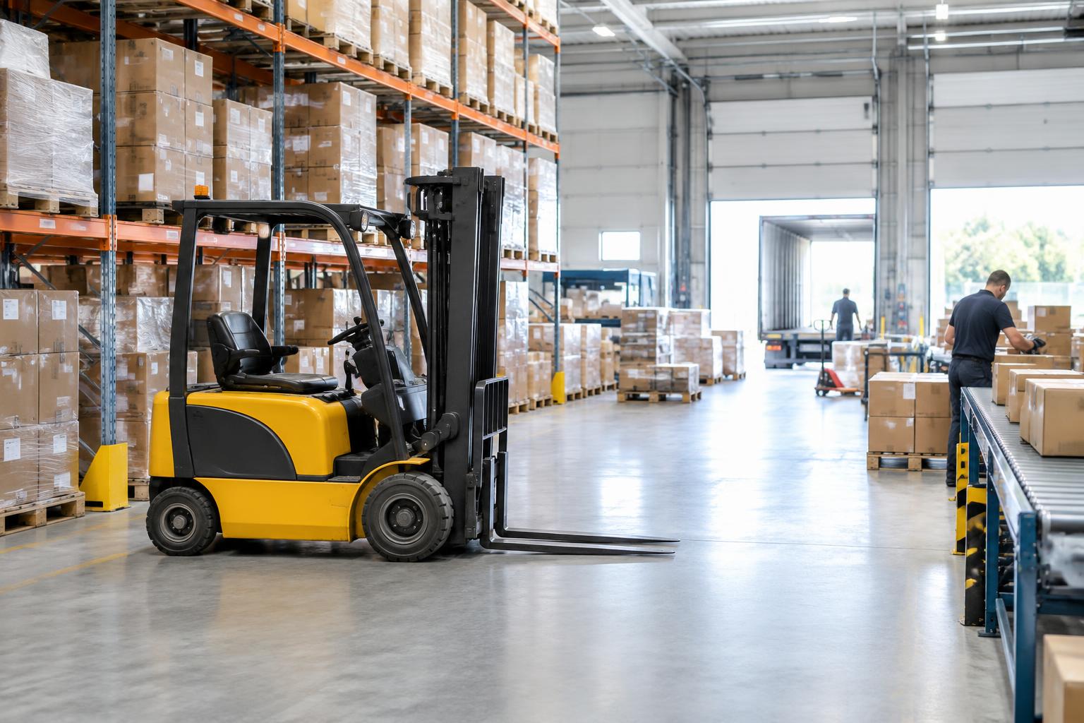 Gabelstapler und Palettenregale in einem Logistiklager